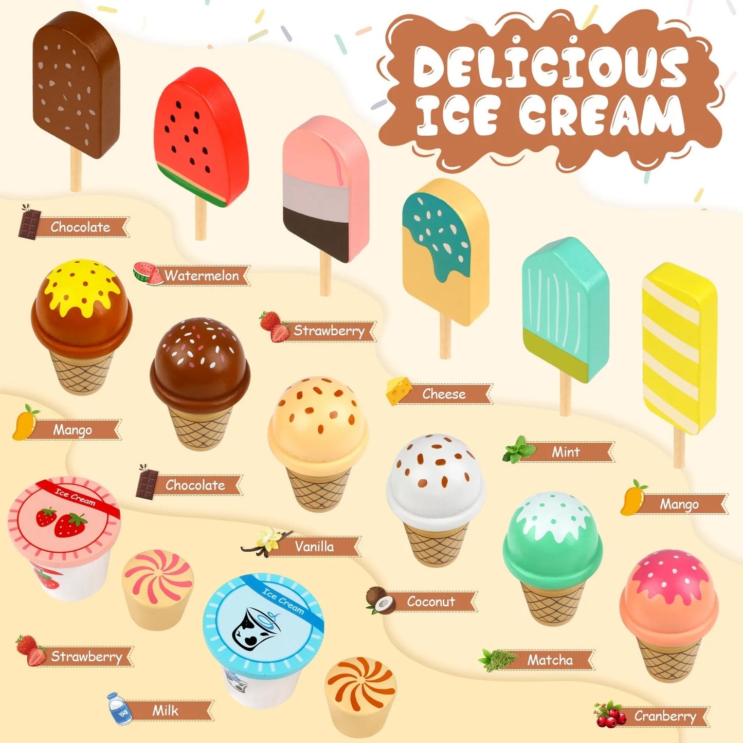 Ice Cream Toys for Kids, Wooden Toys Play Food Sets for Kids Kitchen, Kids Wooden Ice Cream Playset, Pretend Play Toys Christmas Birthday Gifts for Toddlers Girls Ages 3 4 5 6 Years