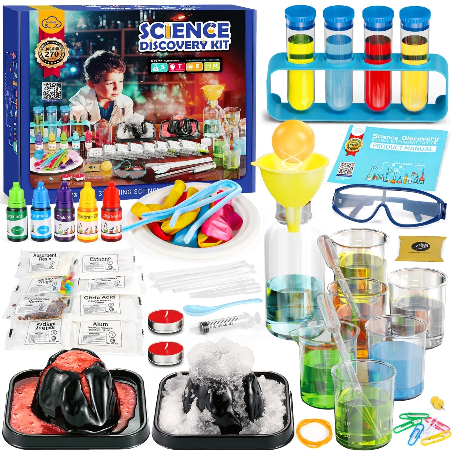 270 Science Experiments, Magic Kits for Kids Ages 6-12, STEM Educational Gift Boys and Girls Toys, Volcano Eruption/Balloon Rocket/Liquid Layering