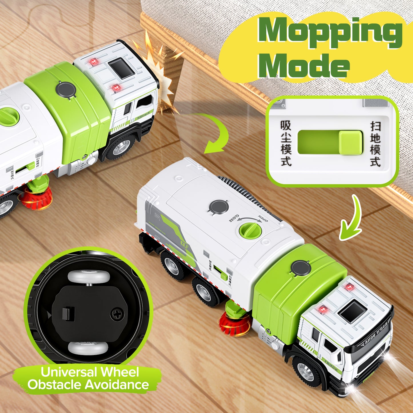 1:50 Electric Garbage Truck Toys, 2-in-1 Alloy Street Sweeper Toy with Light & Sound, Simulated Vacuum Trash Truck Toy for Kids, Cleaning Toys Birthday Gift for Boys Girls Toddlers 3-6