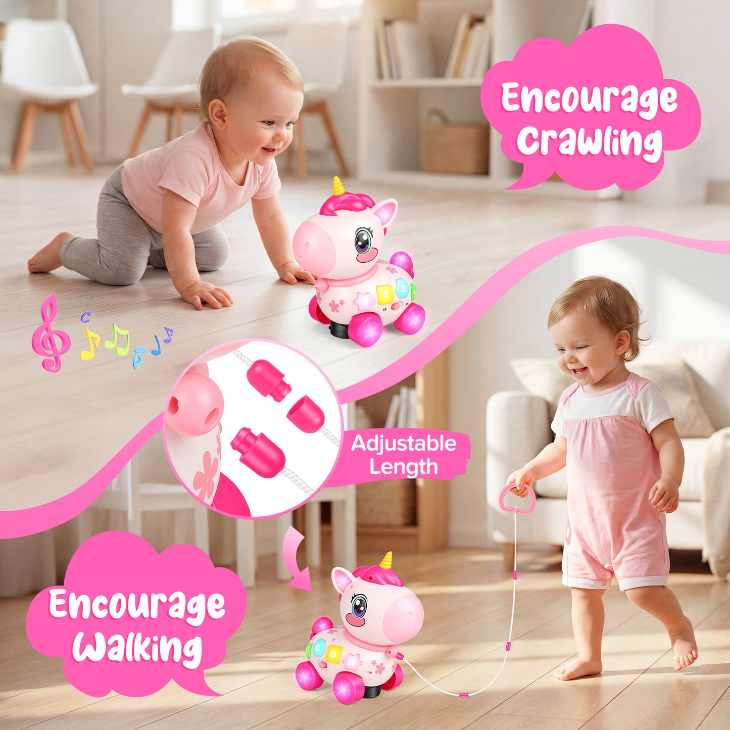Unicorn Musical Toys for 1 Year Old Girl Gifts, Bilingual Baby Toys 6-12-18 Months, 1st Birthday Girl Gift, Crawl & Pull & Learning Educational Toddler Toy with Light and Music