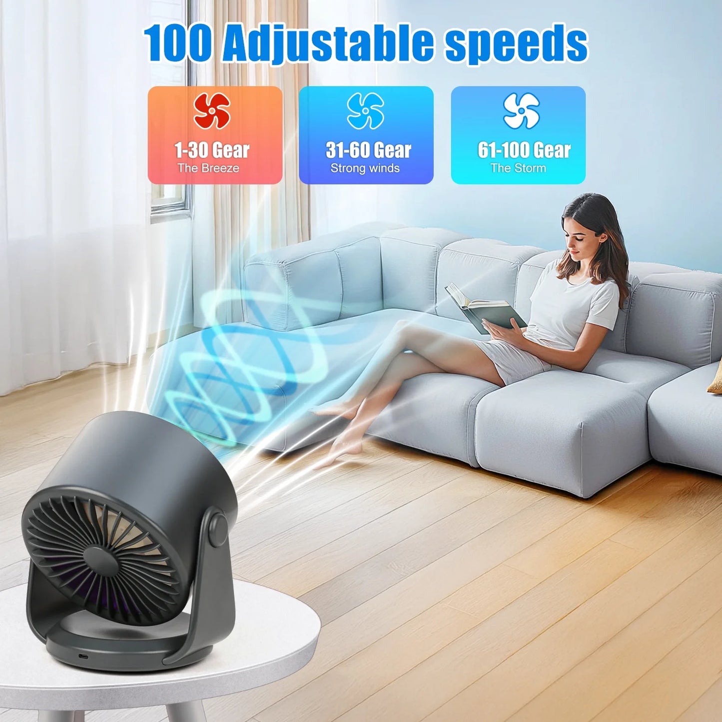 Silent Desk Fan, 100 Speeds Strong and Quiet Airflow, Digital Display, Rechargeable Fan, Portable for Office, Bedroom, Kitchen, Home, Outdoor.