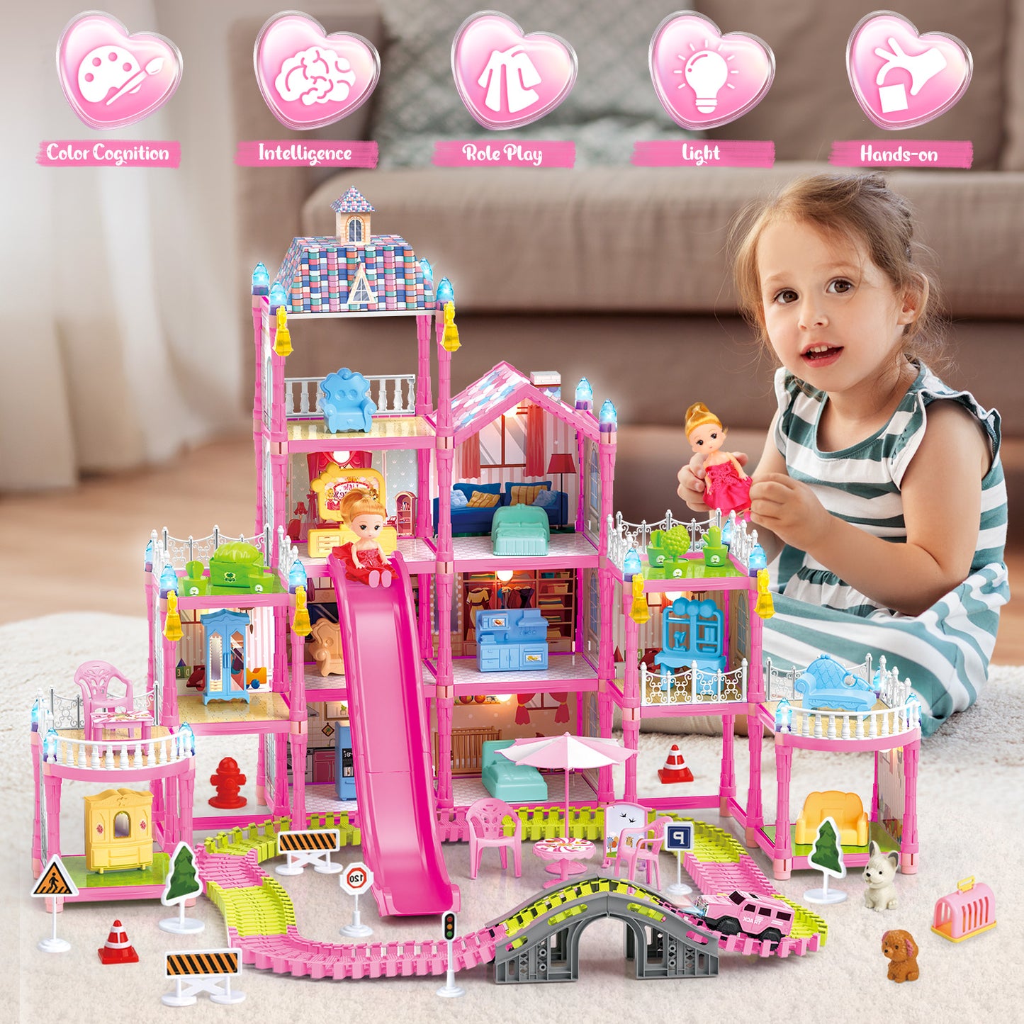Dollhouse Kit for Girls Ages 3-6, 471PCS Pink Castle Toys With Slide, Track, Lights, DIY 11 Rooms and 4 Balconies Furniture, Birthday Pretend Play Toys Gift for 3 4 5 Years Old Girls/Kids.
