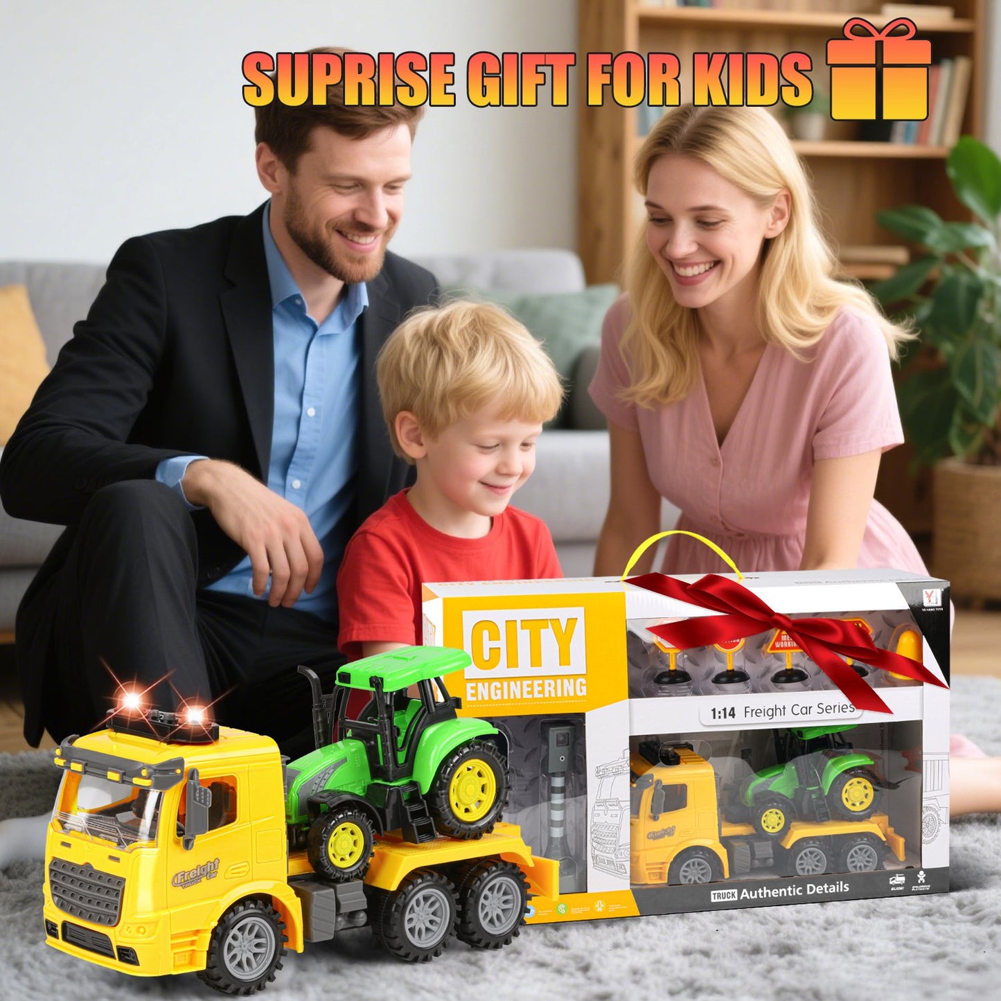 Construction Engineering Vehicle for kids/Toddler Ages 3-8,Inertia Truck and Tow Trailer Toys with Lights and Music, Birthday Gift for Boys 8 9 10 11 12 Years Old