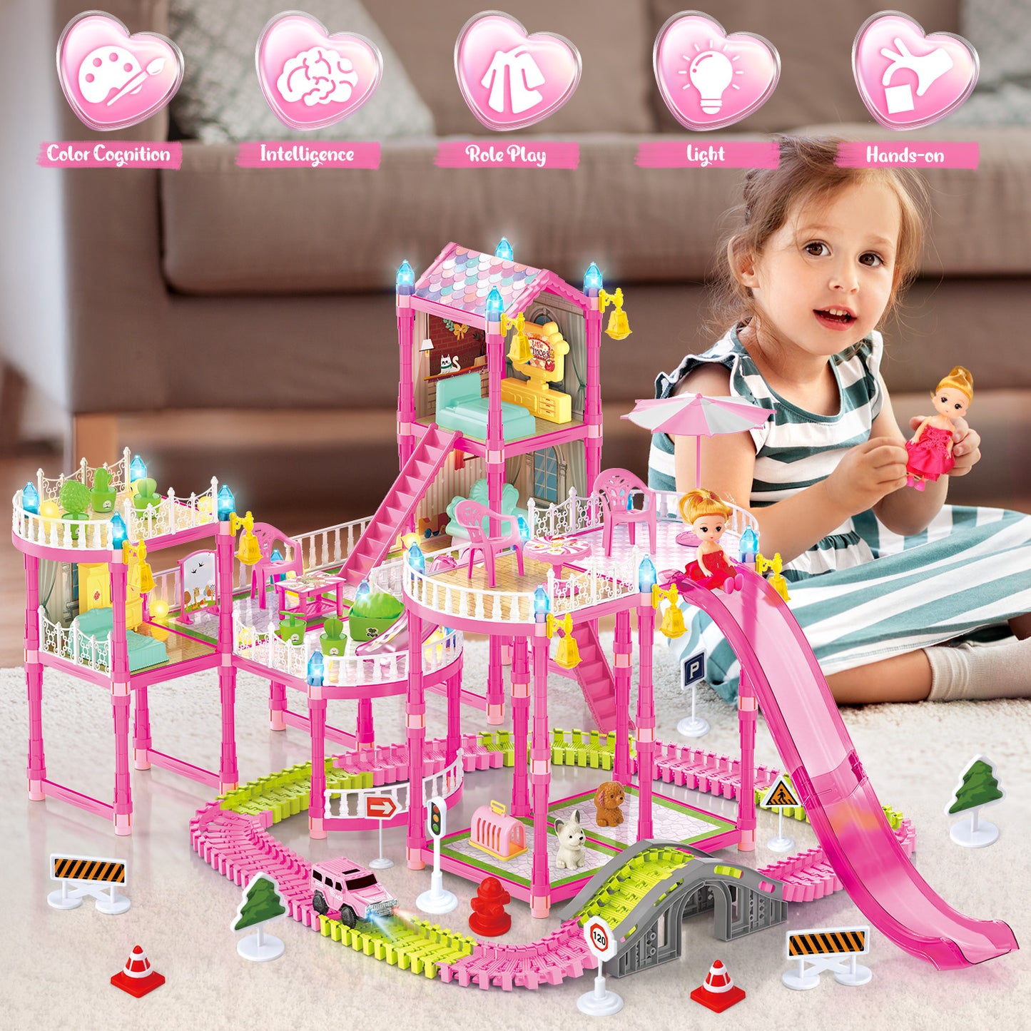 Dollhouse Kit for Girls Ages 3-6, 412PCS Pink Castle Toys With Slide, Track, Lights, DIY 3 Rooms and 6 Balconies Furniture, Birthday Pretend Play Toys Gift for 3 4 5 Years Old Girls/Kids.