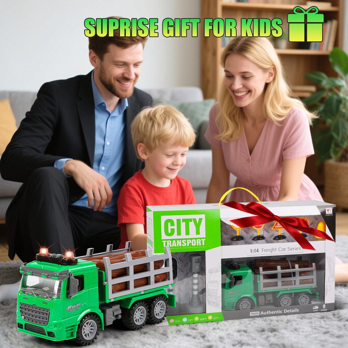 Logging Carrier Toys for Kids/Toddler Age 5 6 7 8, Inertia Truck with Lights and Music,Tiltable Fence, Birthday Gift for Boys 8-11 Years Old