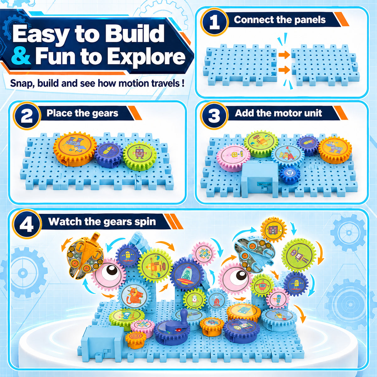 Gear Building Toys for Kids 4-8, 58PCS Motorized Spinning Gears with Interlocking Building Blocks, Electric & Manual STEM Construction Toy Set for Kids Ages 3+, Birthday Gifts for Boys Girls