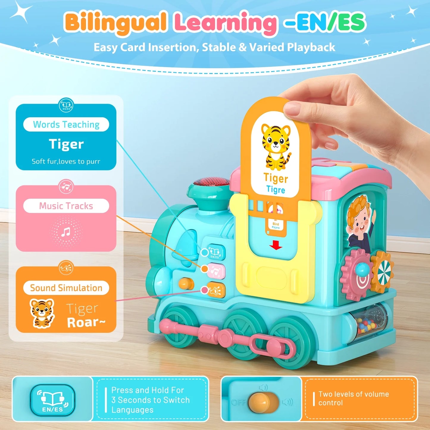 Toddler Toys Montessori Toys for 1 Year Old Girl Gifts, 24-in-1 Multi Musical Train with Talking Flash Cards, Blue