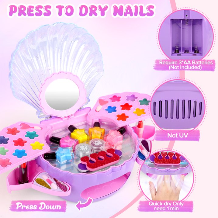 Kids Nail Polish Set & Makeup Kit for Girls, 2-In-1 Nail Art Kit with Nail Dryer & Makeup Toy, Non Toxic Peel-Off Nail Polish, Real Cosmetic, Girl Stuff Birthday Gifts for Kids Ages 3-12