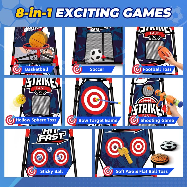 8 in 1 Kids Sports Game Set, Basketball Hoop, Soccer Goal, Football Toss & Target Games, Backyard Indoor Outdoor Toys for Kids Ages 3-8, Gifts for Toddler Boys Girls
