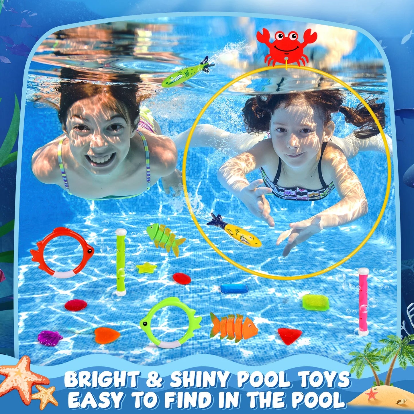 Diving Pool Toys for Kids Ages 4-8 8-12, 24Pcs Pool/Beach Party Games Sinking Set with Storage Bag, Summer Swim Water Fish Toys for Boys & Girls