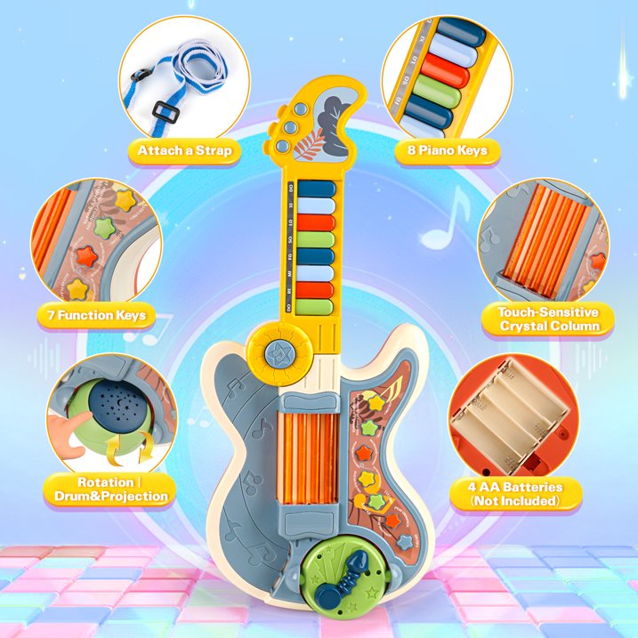 Toddler Guitar for Kids Age 3-5, 4 In 1 Kids Electric Guitar, Piano Guitar, Toy Guitar with Lullaby Projector, Kids Toddler Musical Instruments Toys for 3 4 5 6 7 8 9 Years Old Boys Girls Gifts