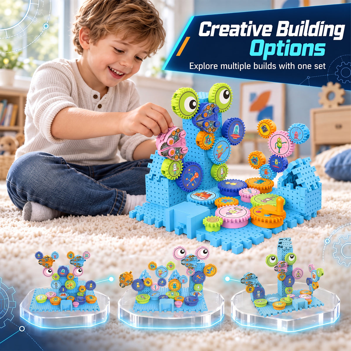 Gear Building Toys for Kids 4-8, 58PCS Motorized Spinning Gears with Interlocking Building Blocks, Electric & Manual STEM Construction Toy Set for Kids Ages 3+, Birthday Gifts for Boys Girls