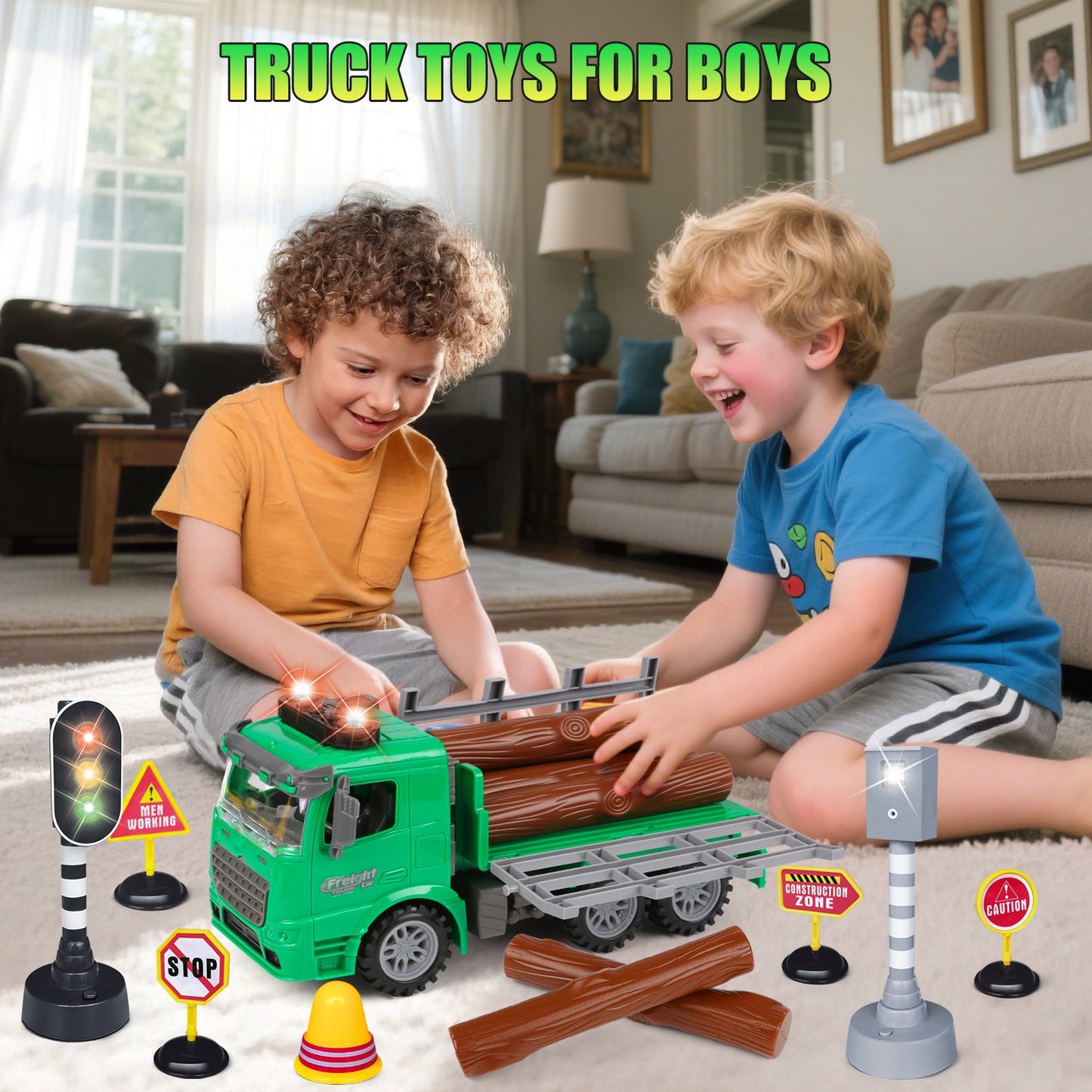 Logging Carrier Toys for Kids/Toddler Age 5 6 7 8, Inertia Truck with Lights and Music,Tiltable Fence, Birthday Gift for Boys 8-11 Years Old