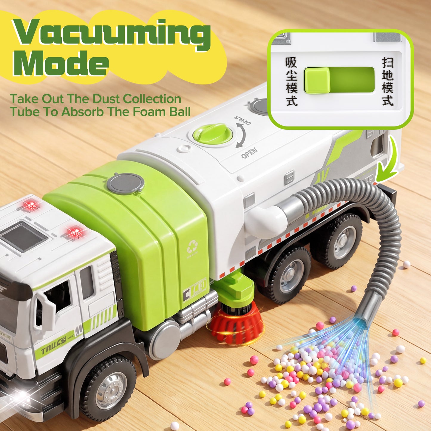 1:50 Electric Garbage Truck Toys, 2-in-1 Alloy Street Sweeper Toy with Light & Sound, Simulated Vacuum Trash Truck Toy for Kids, Cleaning Toys Birthday Gift for Boys Girls Toddlers 3-6