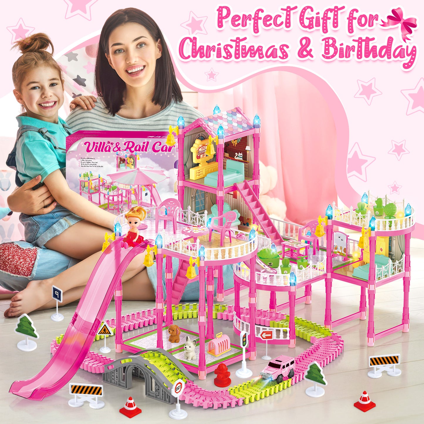 Dollhouse Kit for Girls Ages 3-6, 412PCS Pink Castle Toys With Slide, Track, Lights, DIY 3 Rooms and 6 Balconies Furniture, Birthday Pretend Play Toys Gift for 3 4 5 Years Old Girls/Kids.