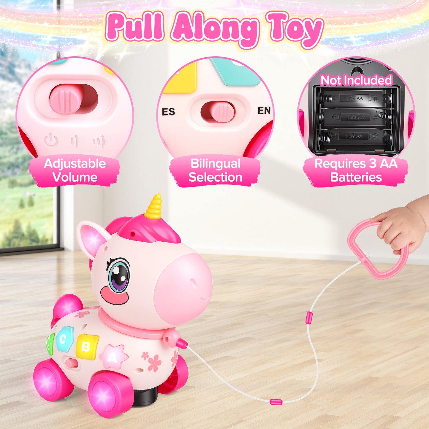 Unicorn Musical Toys for 1 Year Old Girl Gifts, Bilingual Baby Toys 6-12-18 Months, 1st Birthday Girl Gift, Crawl & Pull & Learning Educational Toddler Toy with Light and Music