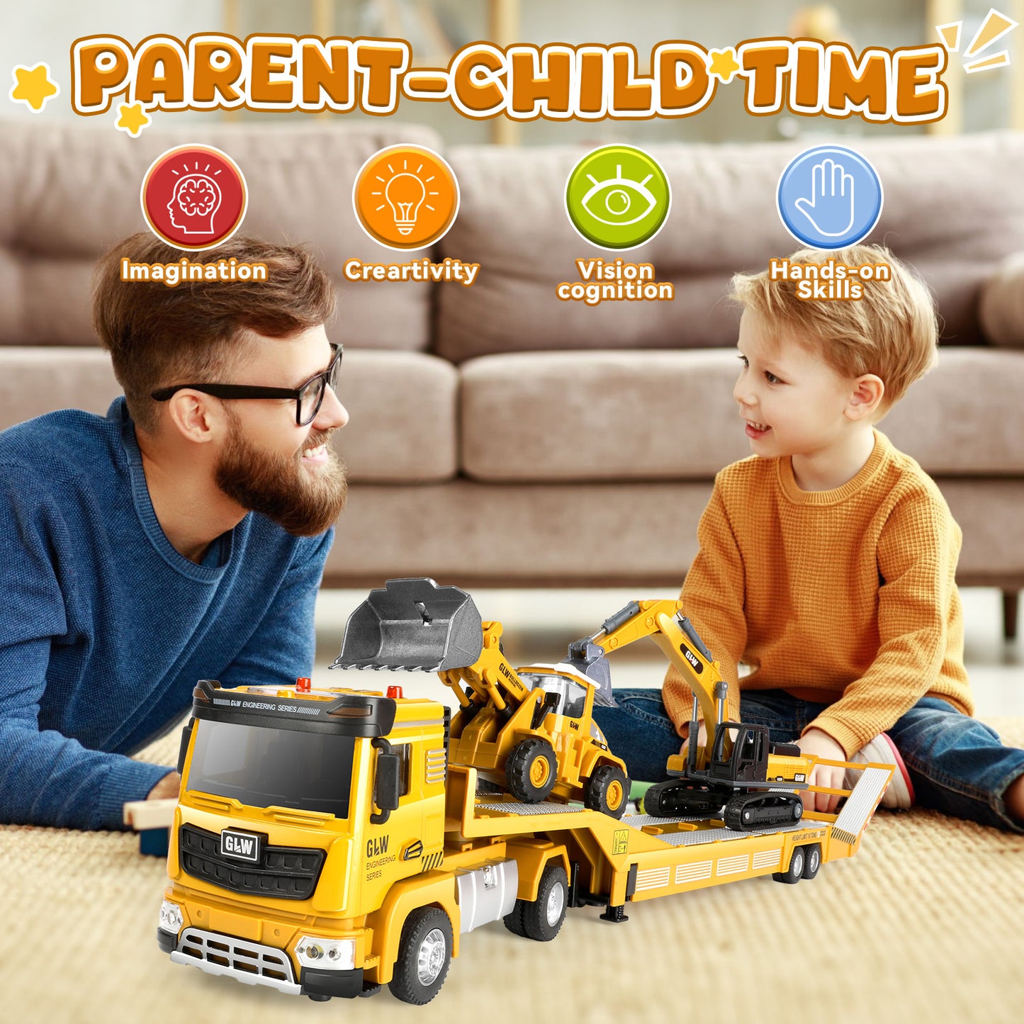 Construction Vehicles Boys Toy Playsets, Construction Truck with Excavator Toy & Bulldozer Toy, Sounds and Lights, Kids Birthday & Christmas Gifts for 3 4 5 6 Years Old Boys