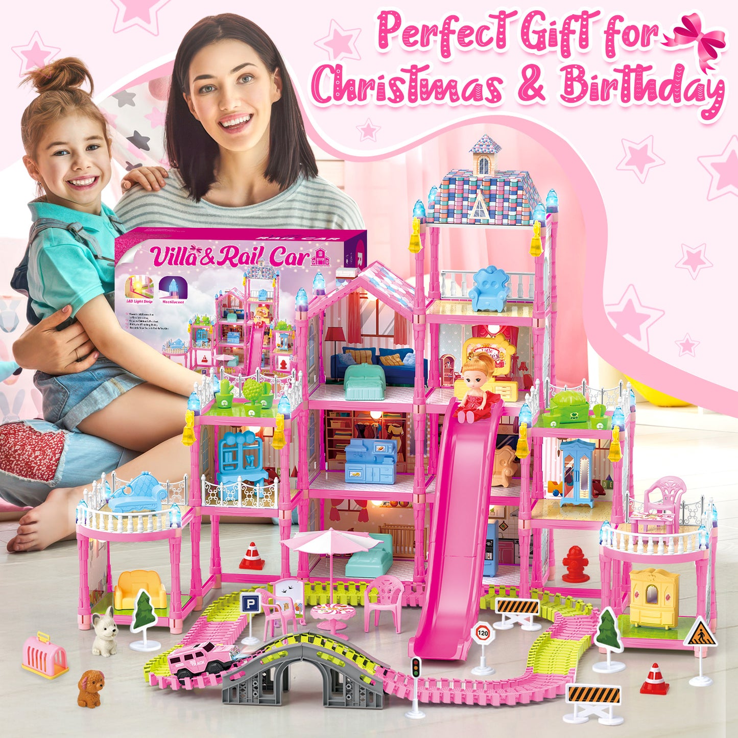 Dollhouse Kit for Girls Ages 3-6, 471PCS Pink Castle Toys With Slide, Track, Lights, DIY 11 Rooms and 4 Balconies Furniture, Birthday Pretend Play Toys Gift for 3 4 5 Years Old Girls/Kids.