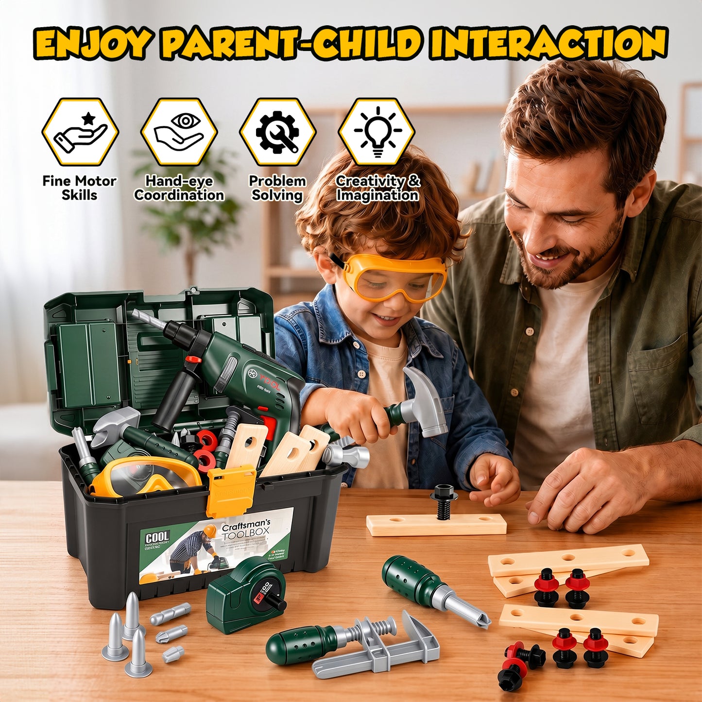 38PCS Kids Tool Set, Kids Tool Box with Electronic Light-Up Toy Drill, Pretend Play Construction Toys for Toddlers Boys Girls Ages 3-5, Christmas Birthday Gifts for 3-7 Kids