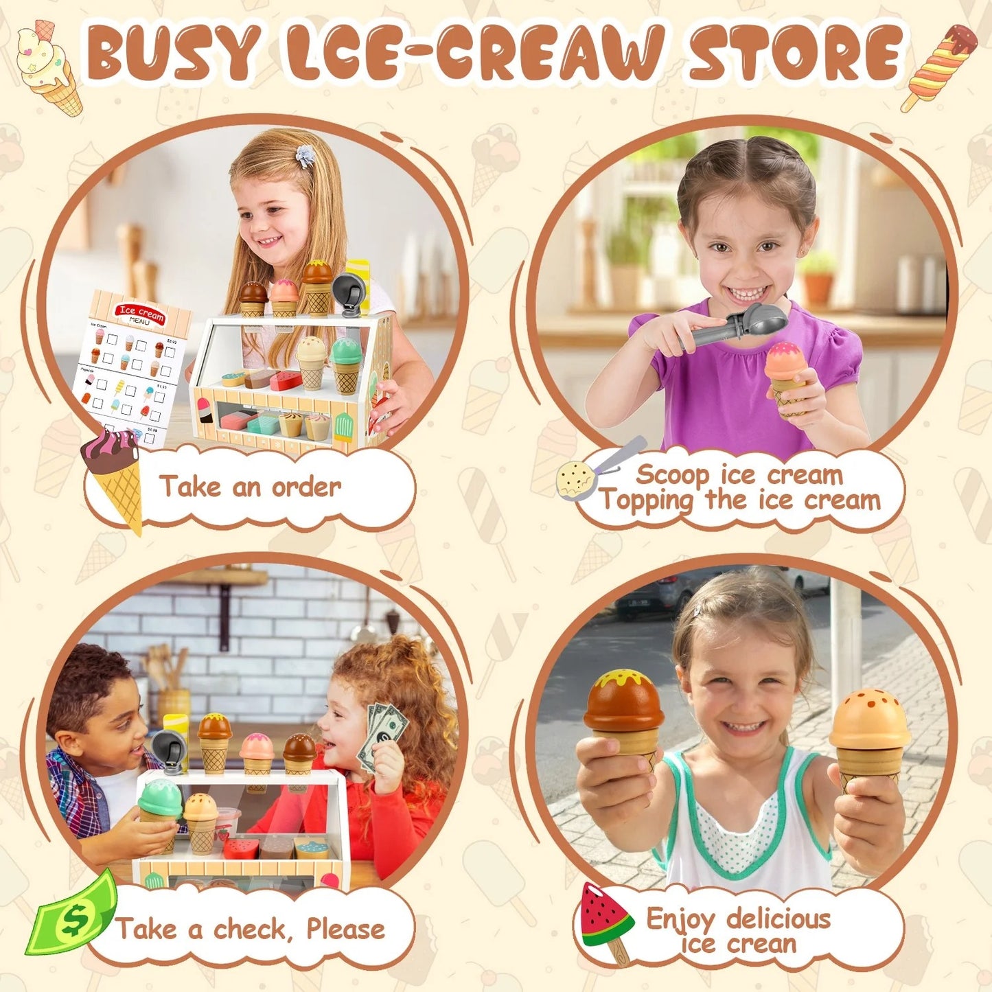 Ice Cream Toys for Kids, Wooden Toys Play Food Sets for Kids Kitchen, Kids Wooden Ice Cream Playset, Pretend Play Toys Christmas Birthday Gifts for Toddlers Girls Ages 3 4 5 6 Years