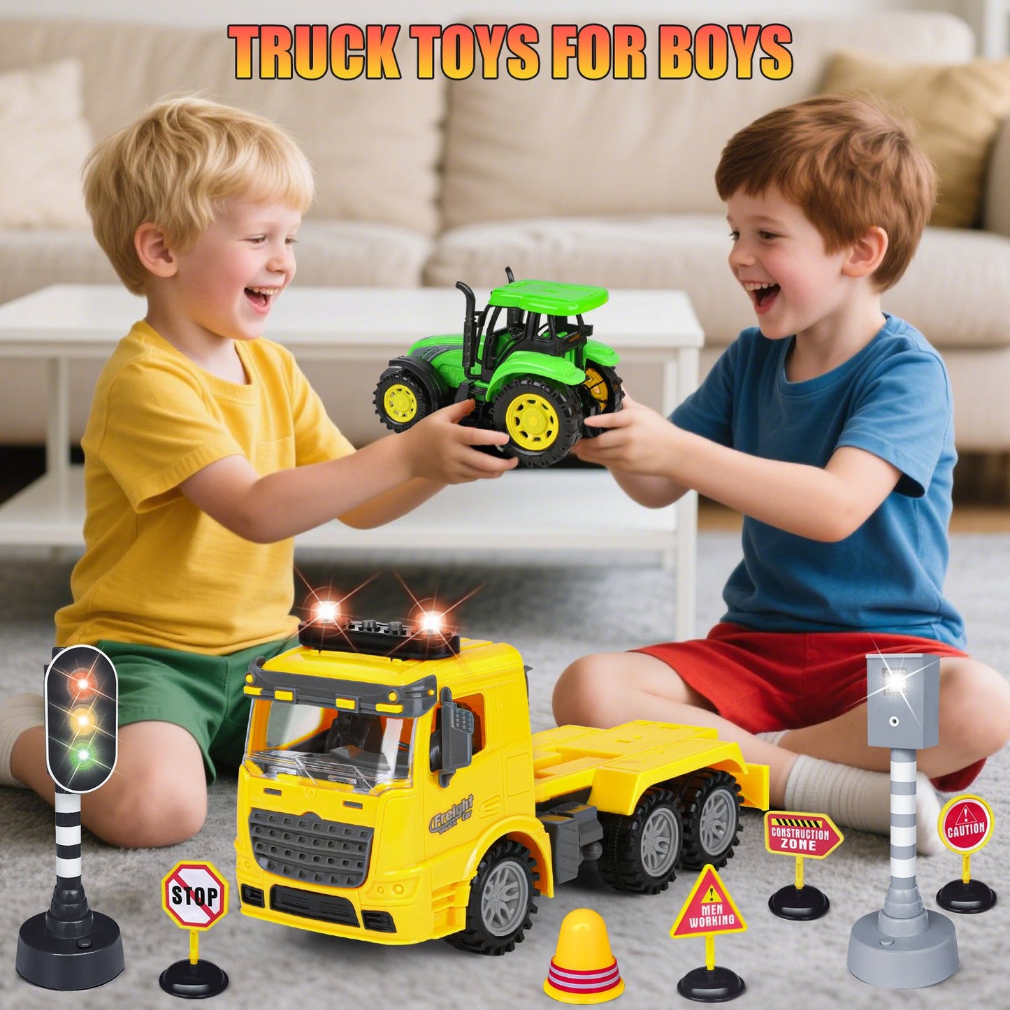 Construction Engineering Vehicle for kids/Toddler Ages 3-8,Inertia Truck and Tow Trailer Toys with Lights and Music, Birthday Gift for Boys 8 9 10 11 12 Years Old