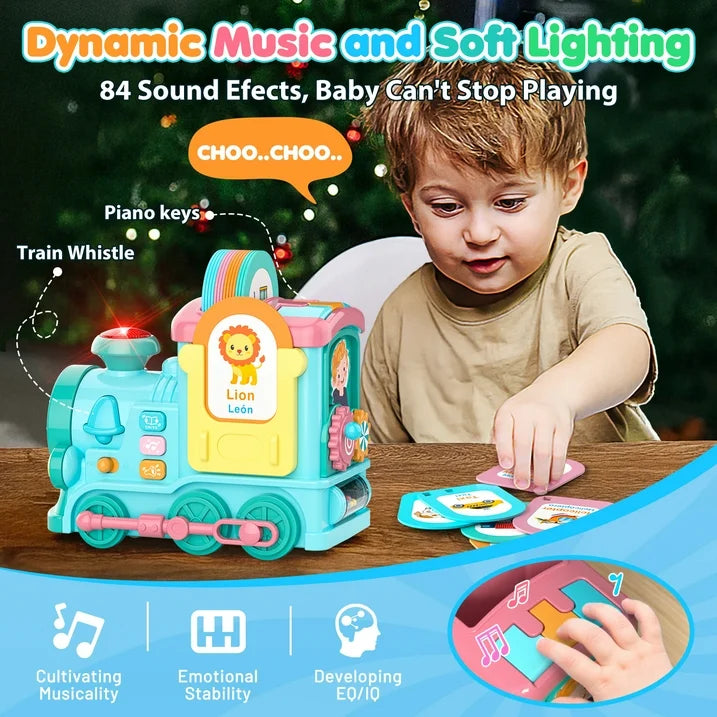 Toddler Toys Montessori Toys for 1 Year Old Girl Gifts, 24-in-1 Multi Musical Train with Talking Flash Cards, Blue