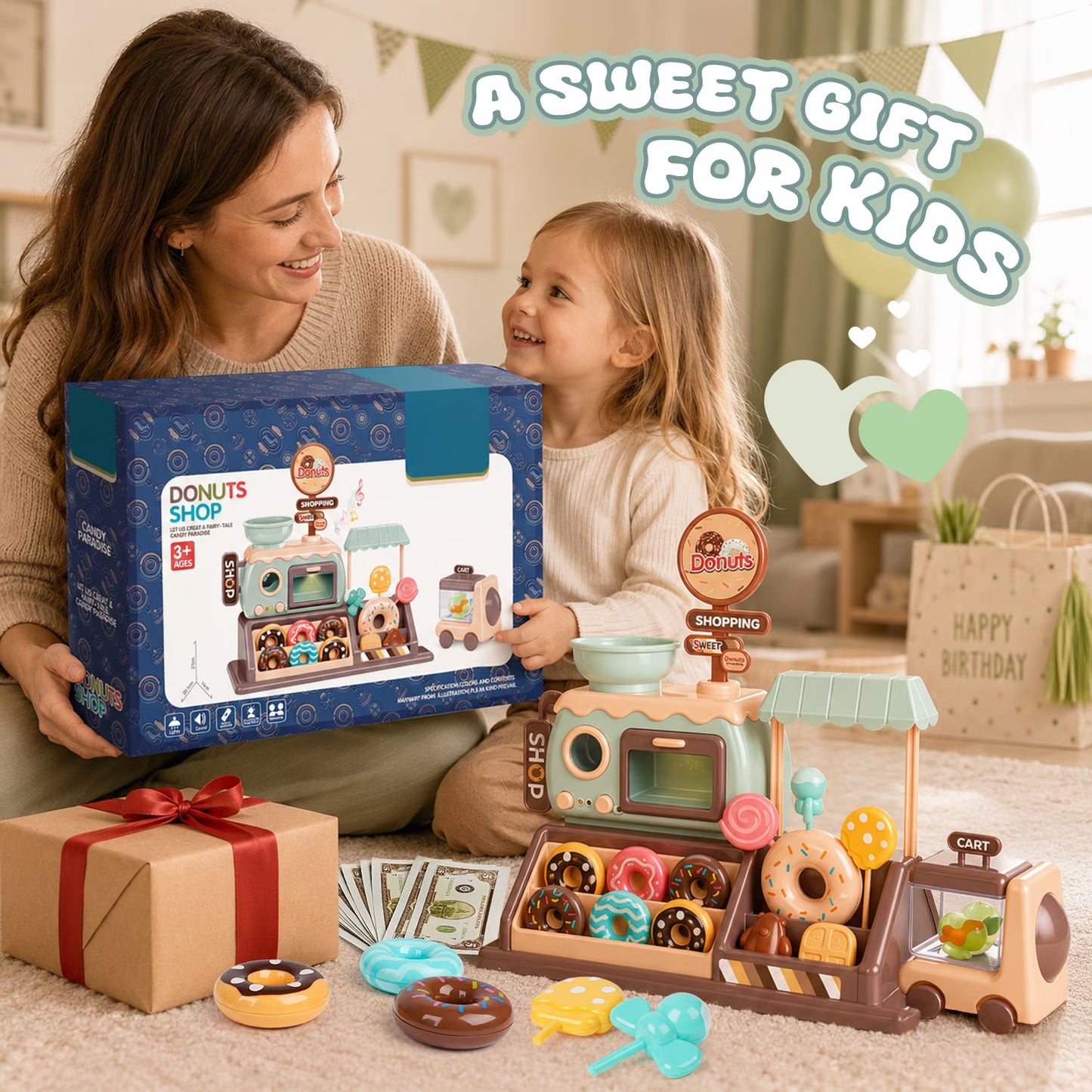 Donut Shop Playset for Kids, Pretend Play Food Set for Kids Kitchen with Light and Sound Toy Oven, Ice Cream Cart, Toy Food Birthday Gift for Girls Ages 3 4 5 6 Years.
