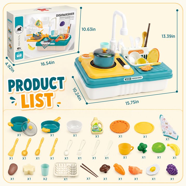 Play Sink with Running Water for Toddlers 3-5, Kitchen Play Sink & Stove Toy with Electric Faucet, Play Food & kitchen Accessories, Gift for Boys Girls Ages 3+