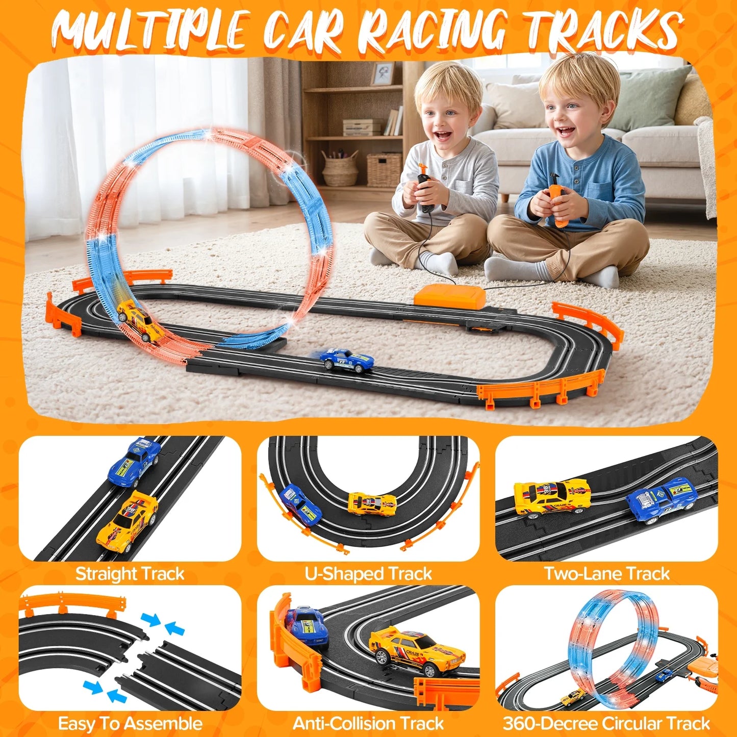 2-in-1 Slot Car Race Track Set, Electric Race Track for Kids 4-8 with 1:64 High-Speed Racing Car, Dual Racing Game Lap Counter Circular Overpass Flash Tracks, Gifts Toys for Boys Kids age 6-8-12