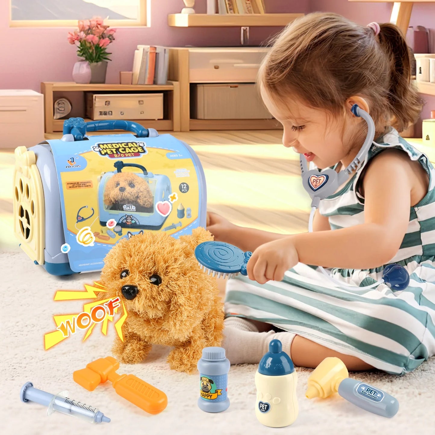 Toy Veterinarian Kit for Kids, Vet Play Sets for Kids with Interactive Electric Dog and Cage, Doctor Pretend Play Toys for Boys Girls Toddlers Ages 2 3 4 5 6 7 Year Old