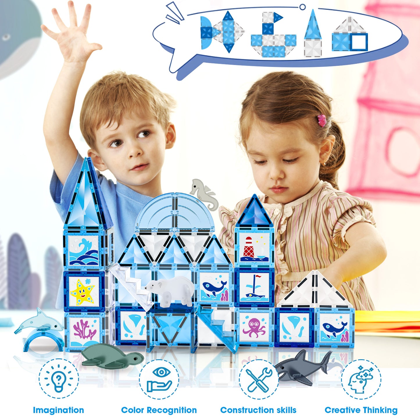 68PCS Frozen Magnetic Tiles, 3D Diamond Building Blocks w/ 5 Animals Magnetic Toys Toddlers, STEM Educational Magnet Tiles Toys, Birthday Christmas Gifts for Kids 3 4 5 6 7 8