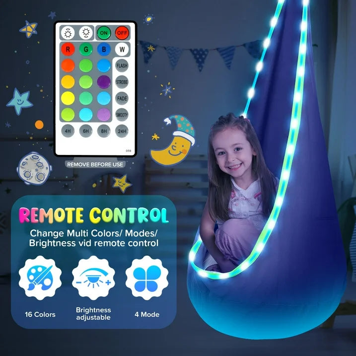 Kids Pod Swing Seat, Light Up Hanging Hammock Chair with Inflatable Pillow, Indoor and Outdoor Toy Sensory Swing for kids, 100% Cotton Loading Capacity 176 lbs