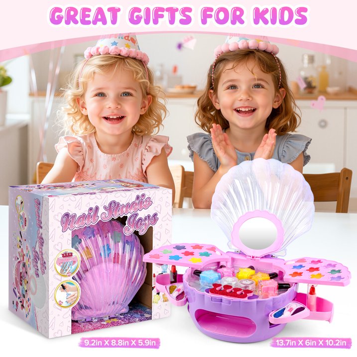 Kids Nail Polish Set & Makeup Kit for Girls, 2-In-1 Nail Art Kit with Nail Dryer & Makeup Toy, Non Toxic Peel-Off Nail Polish, Real Cosmetic, Girl Stuff Birthday Gifts for Kids Ages 3-12