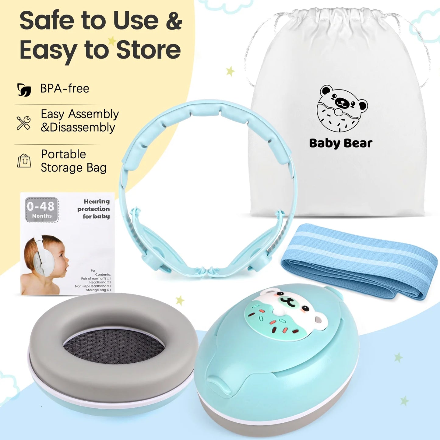 2-in-1 Baby Ear Muffs Noise Protection,Noise Canceling Headphones for Baby & Toddler 0-12-36 Months, Infant Ear Protection in Plane, Adjustable Headband,Improves Sleep - Blue