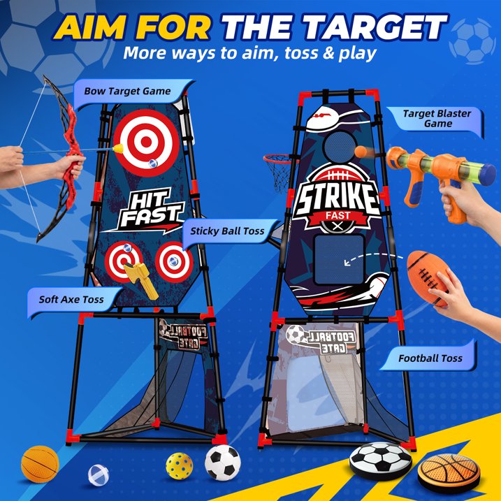 8 in 1 Kids Sports Game Set, Basketball Hoop, Soccer Goal, Football Toss & Target Games, Backyard Indoor Outdoor Toys for Kids Ages 3-8, Gifts for Toddler Boys Girls