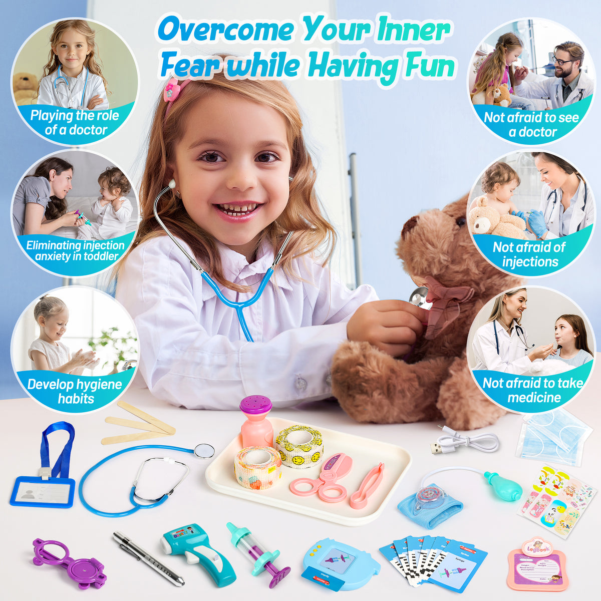 Doctor Kit for Kids Ages 3 4 5 6, 40Pcs Toddlers Pretend Play Doctor Set with Talking Flash Cards, Doctor Coat and Medical Storage Bag, Birthday Gift Toy for Kids Boys Girls