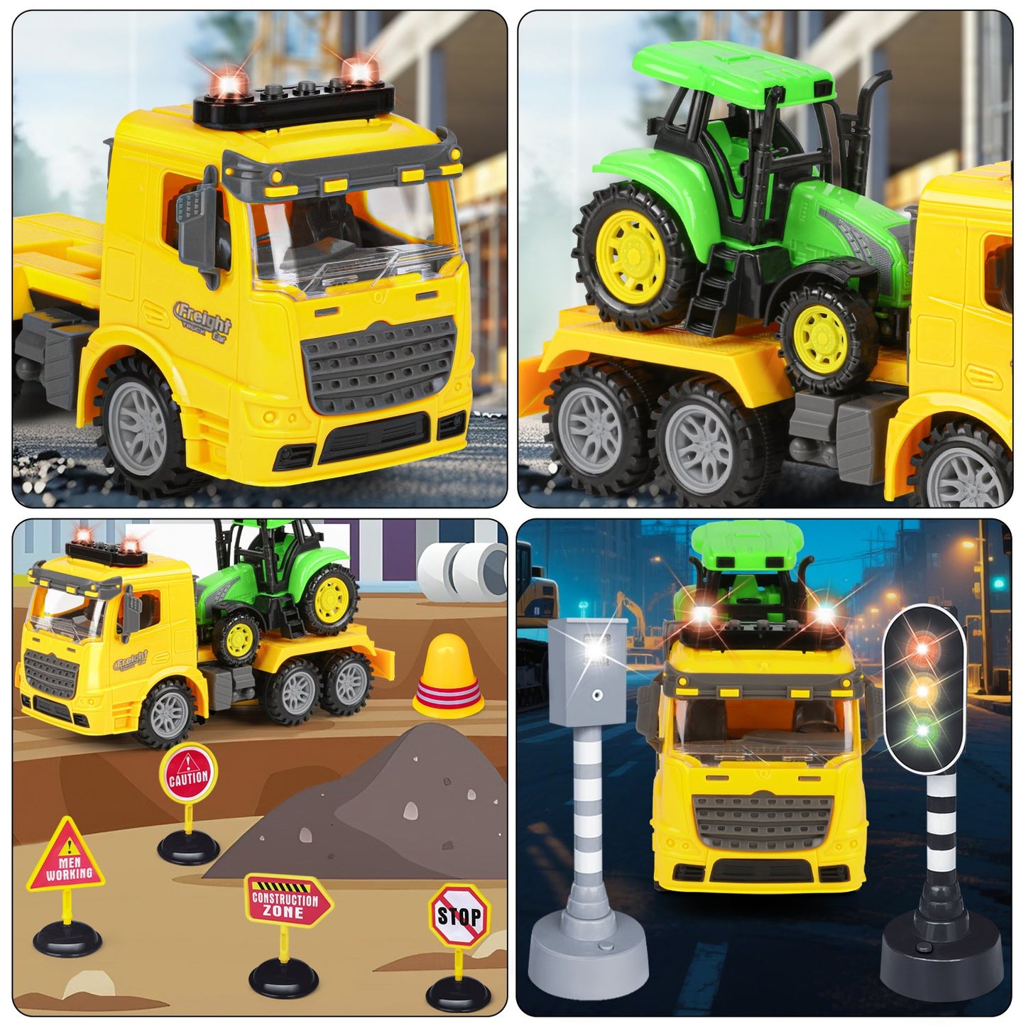 Construction Engineering Vehicle for kids/Toddler Ages 3-8,Inertia Truck and Tow Trailer Toys with Lights and Music, Birthday Gift for Boys 8 9 10 11 12 Years Old