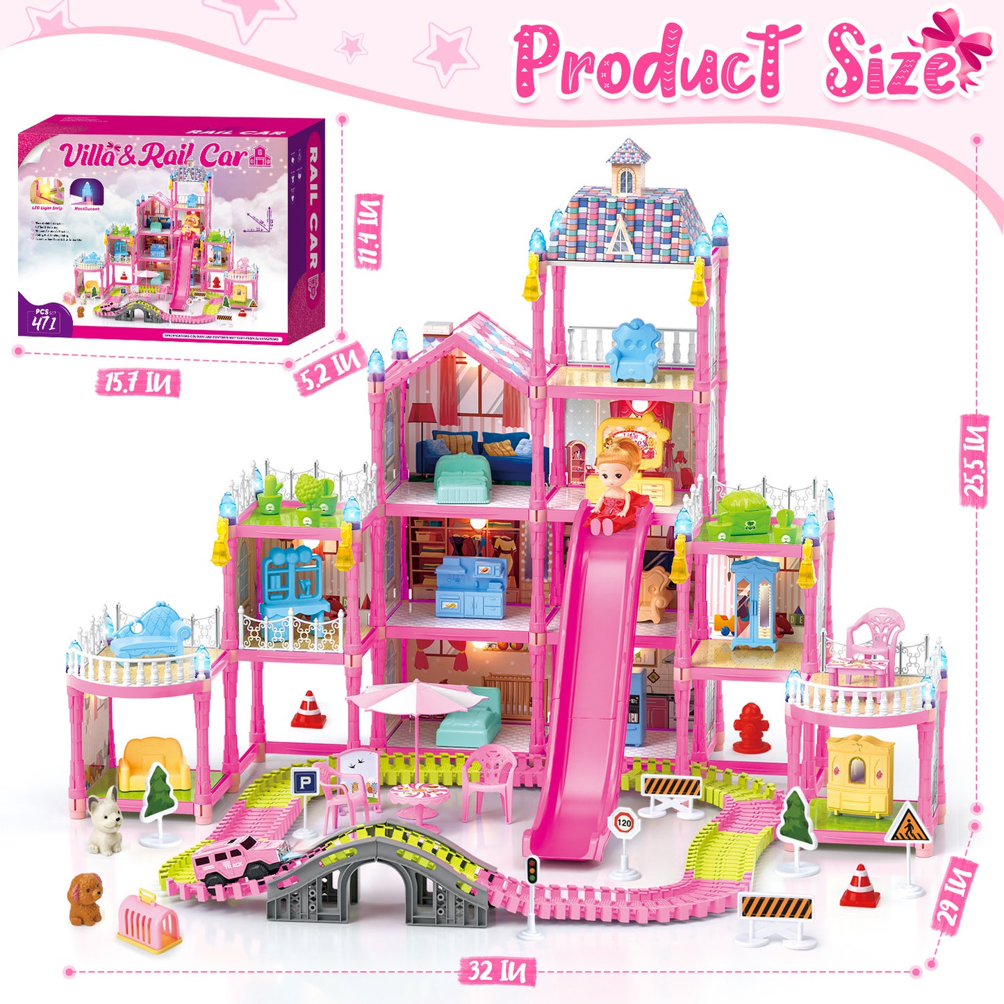 Dollhouse Kit for Girls Ages 3-6, 471PCS Pink Castle Toys With Slide, Track, Lights, DIY 11 Rooms and 4 Balconies Furniture, Birthday Pretend Play Toys Gift for 3 4 5 Years Old Girls/Kids.