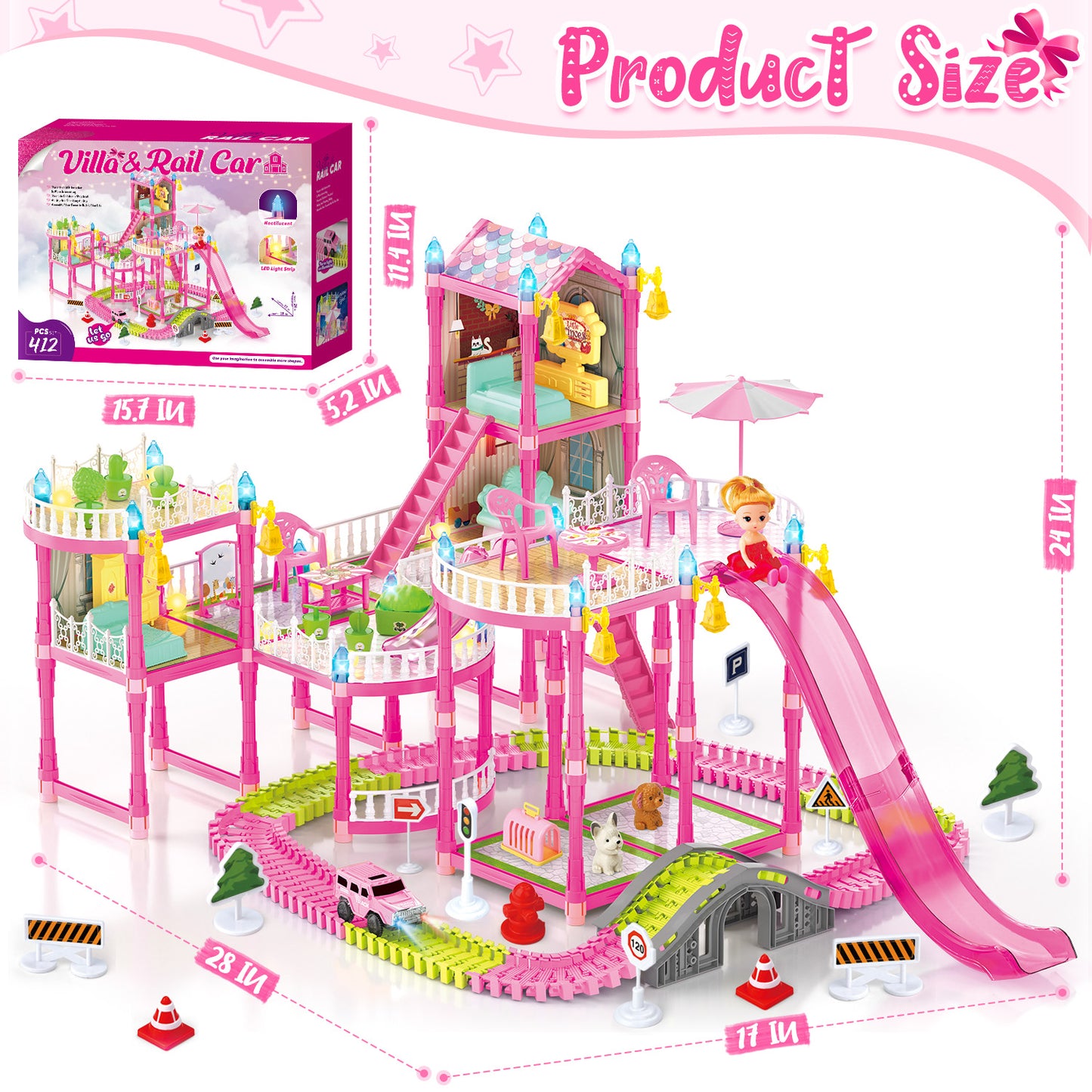Dollhouse Kit for Girls Ages 3-6, 412PCS Pink Castle Toys With Slide, Track, Lights, DIY 3 Rooms and 6 Balconies Furniture, Birthday Pretend Play Toys Gift for 3 4 5 Years Old Girls/Kids.