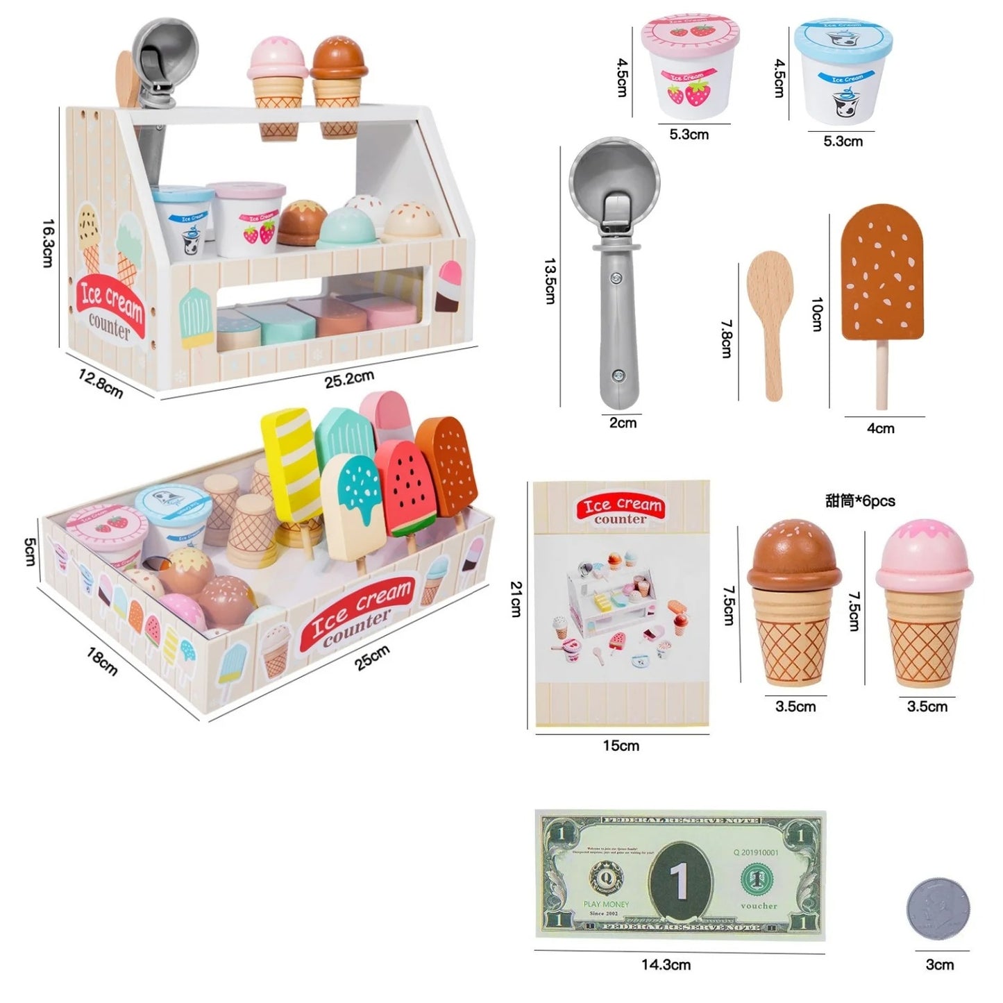 Ice Cream Toys for Kids, Wooden Toys Play Food Sets for Kids Kitchen, Kids Wooden Ice Cream Playset, Pretend Play Toys Christmas Birthday Gifts for Toddlers Girls Ages 3 4 5 6 Years