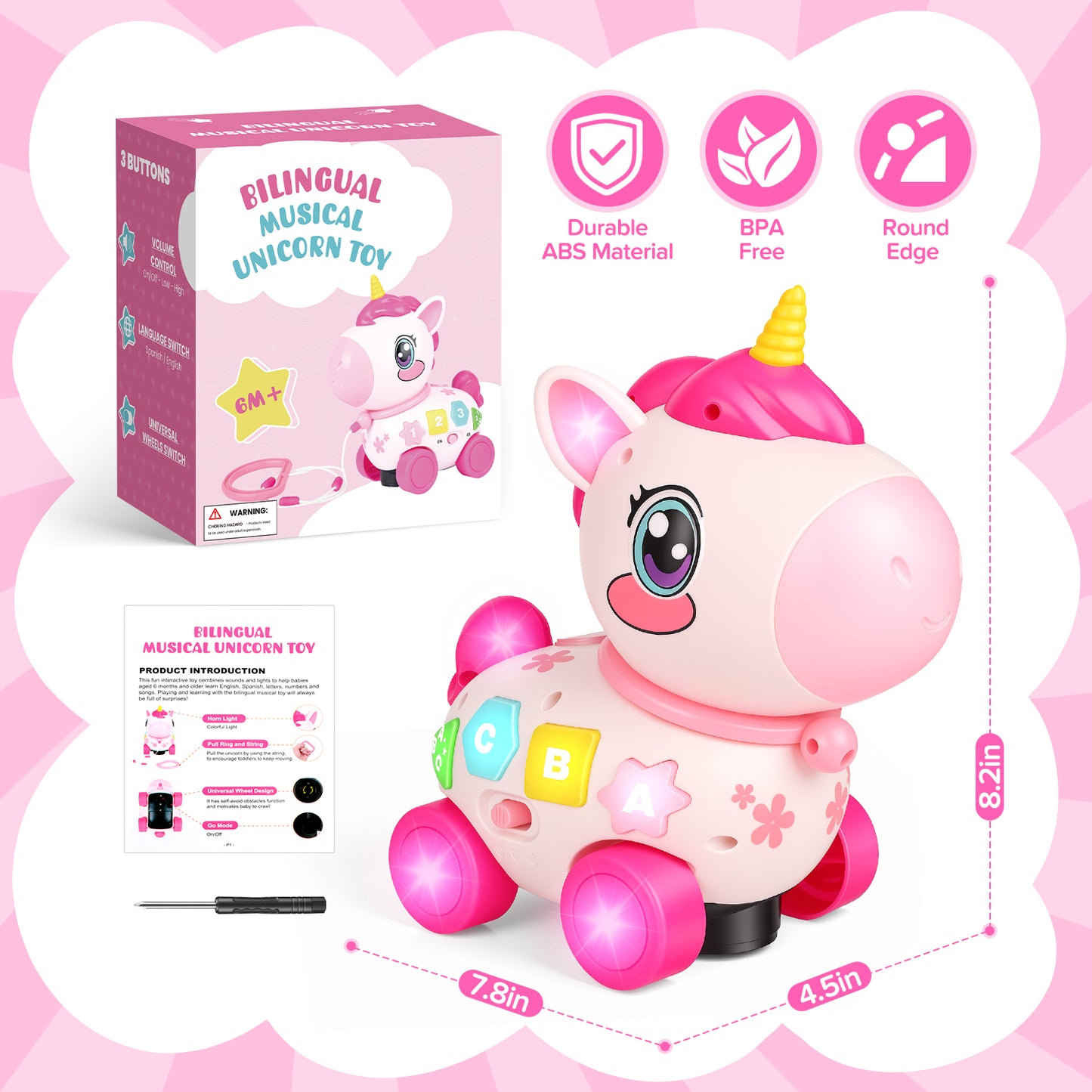 Unicorn Musical Toys for 1 Year Old Girl Gifts, Bilingual Baby Toys 6-12-18 Months, 1st Birthday Girl Gift, Crawl & Pull & Learning Educational Toddler Toy with Light and Music