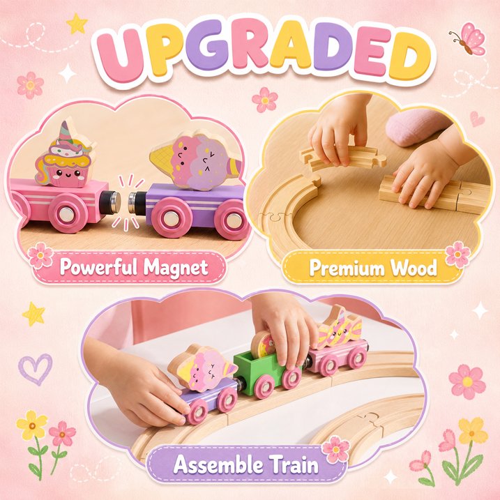 110PCS Wooden Train Set for Toddlers 2-4, Unicorn Train Toy for Girls with Fishing Puzzle, Wooden Train Track Toy Birthday Gift for Kids Girls Ages 3 4 5 6