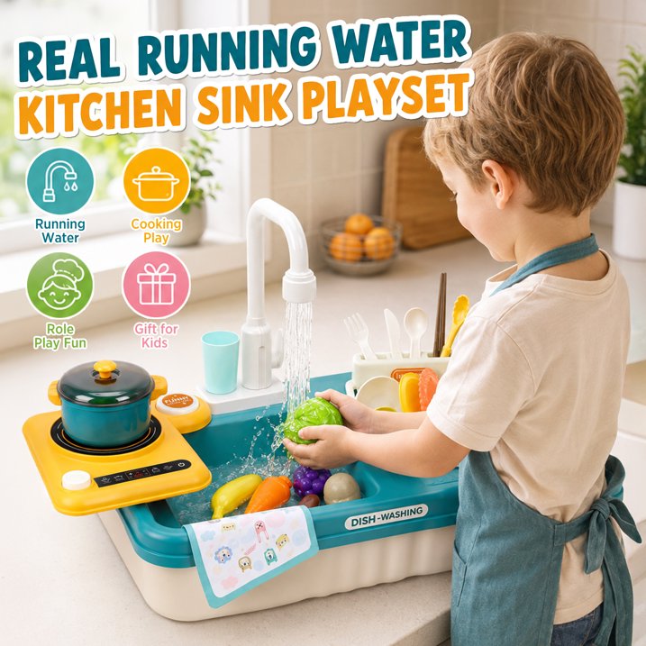 Play Sink with Running Water for Toddlers 3-5, Kitchen Play Sink & Stove Toy with Electric Faucet, Play Food & kitchen Accessories, Gift for Boys Girls Ages 3+