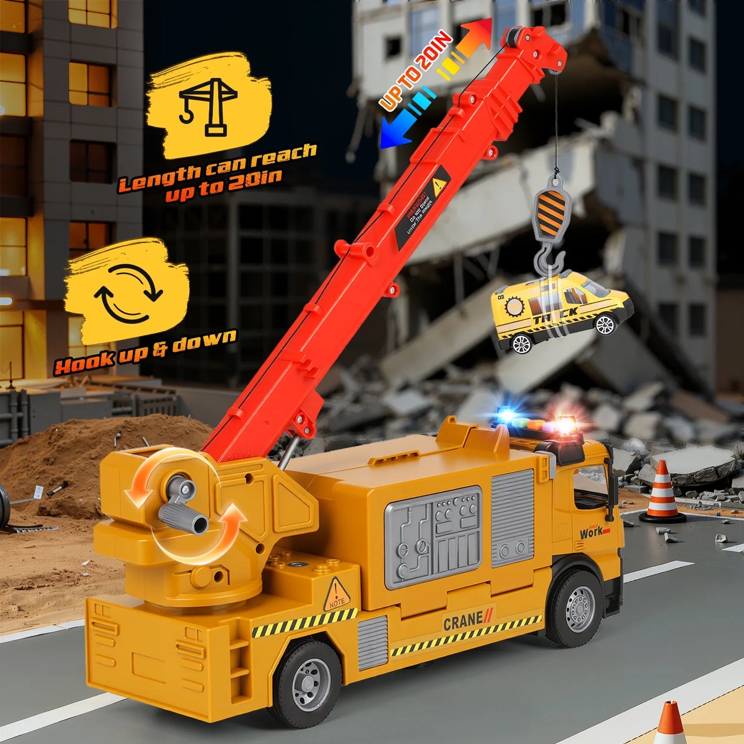 Construction Crane Truck Toys for Boys Age 4-7, Transform Ejector Truck Race Car, Construction Vehicles Toy Playset, Sounds and Lights, Christmas Birthday Gifts for 3-6 Years Old Boys Kids