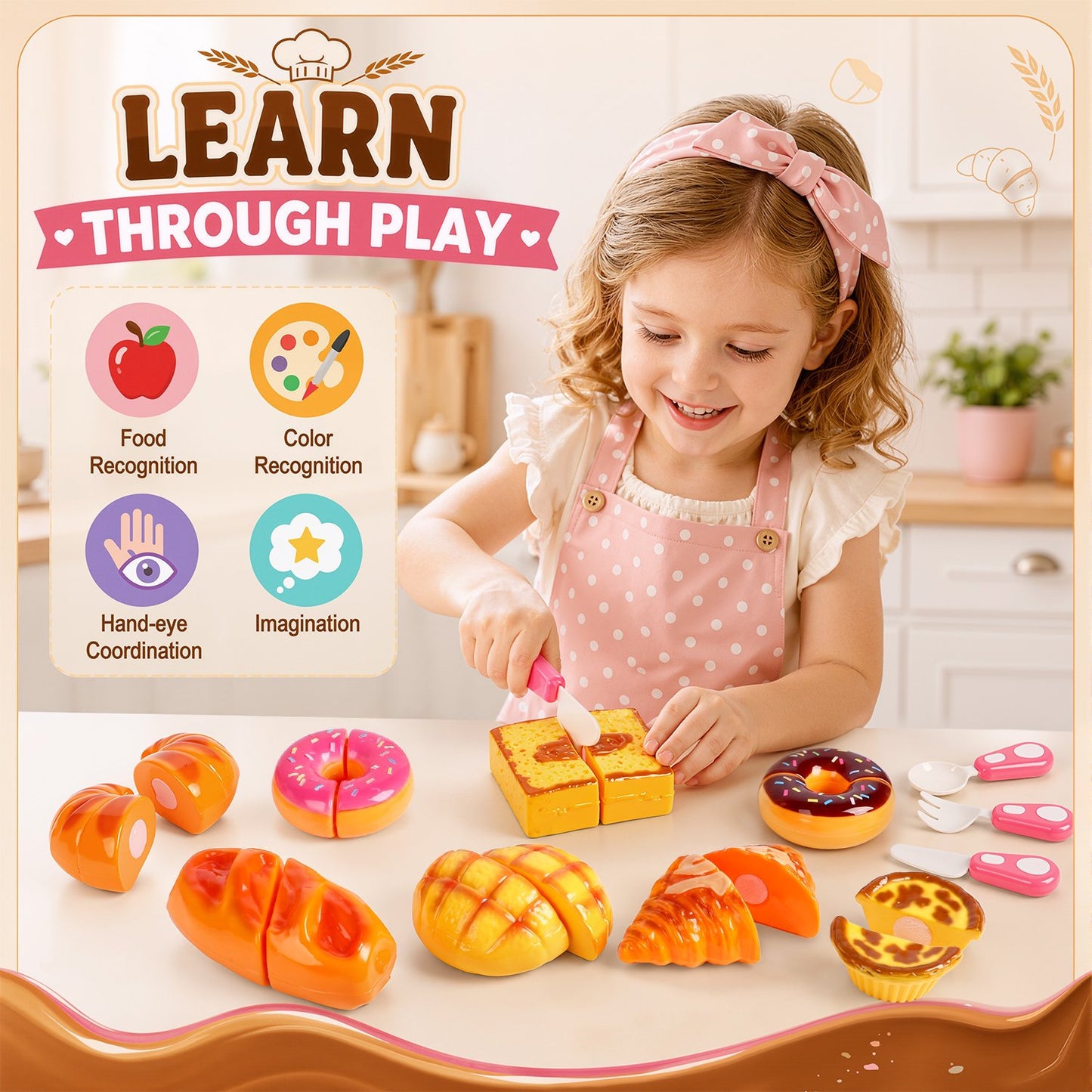 Play Food Set for Kids Kitchen, Pretend Bakery Toy Food for Toddlers 3-5, Bread Cutting Food Toys, Birthday Gift for Boys and Girls Ages 3 4 5 6 Years.