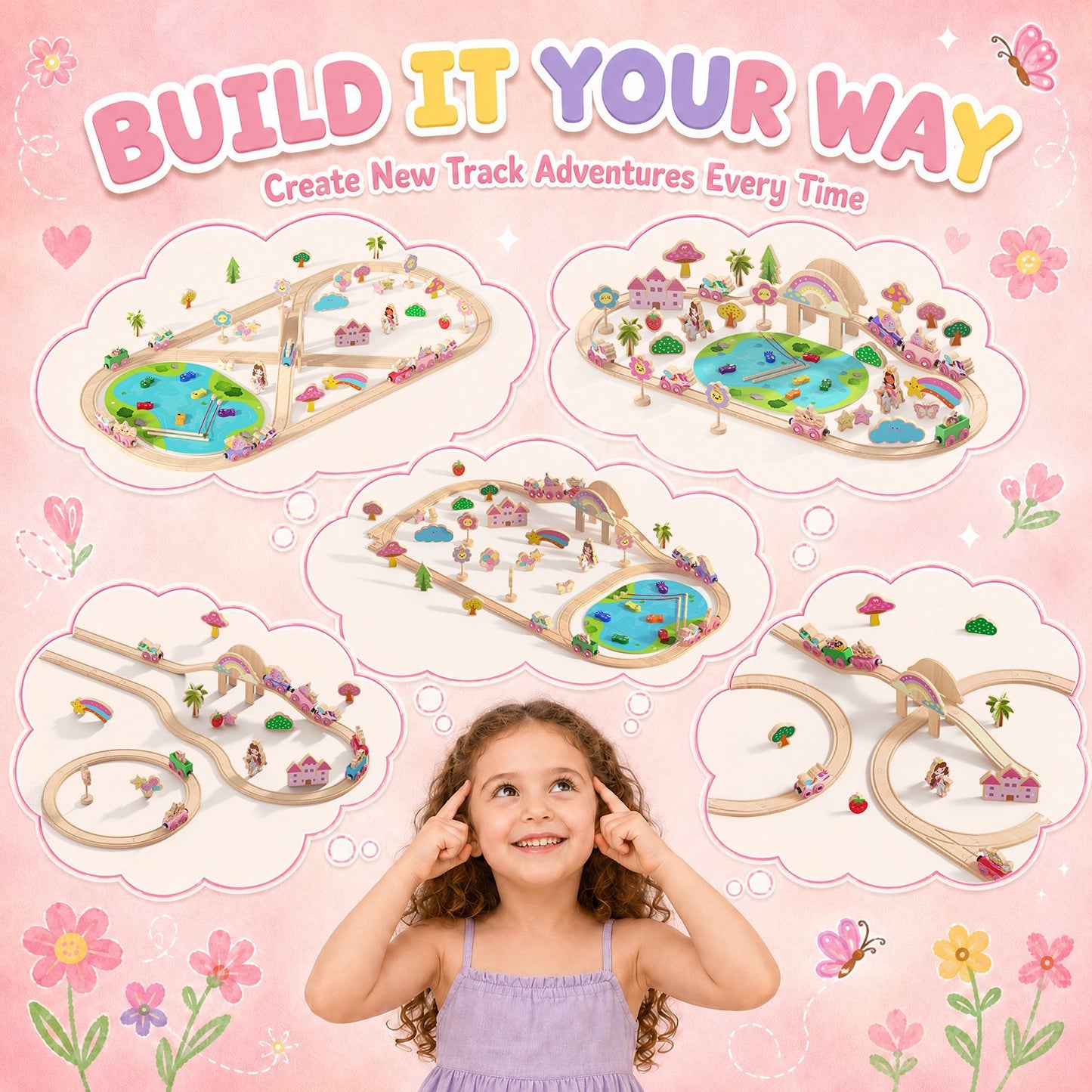110PCS Wooden Train Set for Toddlers 2-4, Unicorn Train Toy for Girls with Fishing Puzzle, Wooden Train Track Toy Birthday Gift for Kids Girls Ages 3 4 5 6