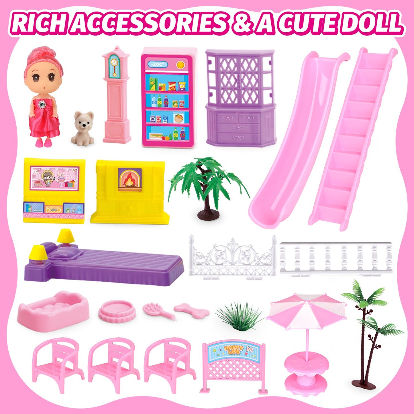 Dollhouse Kit for Girls Ages 3-6, 131PCS Pink DIY Pretend Play Toy House With Slide, Lights, 4 Rooms 2 Balconies Furniture, Birthday Gift for 2 3 4 5 Years Old Girls/Kids/Toddlers.