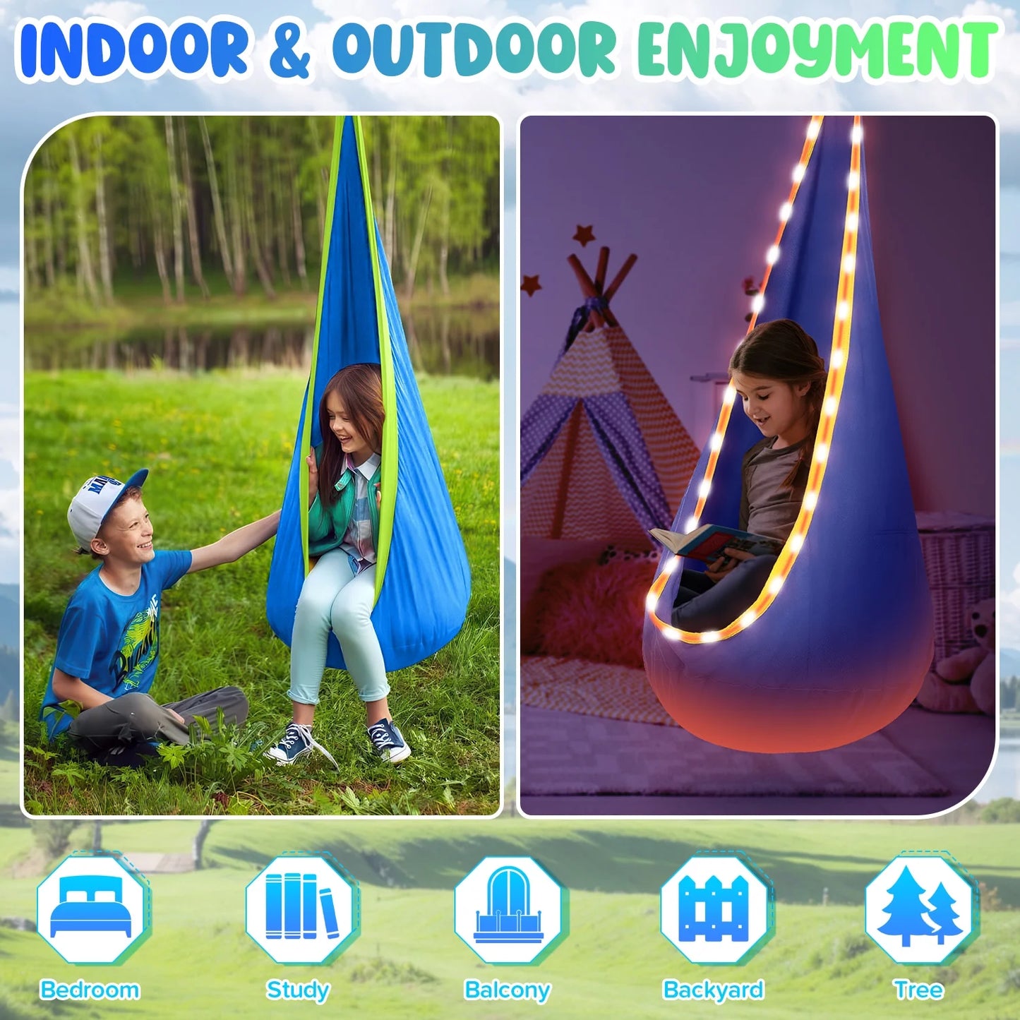 Kids Pod Swing Seat, Light Up Hanging Hammock Chair with Inflatable Pillow, Indoor and Outdoor Toy Sensory Swing for kids, 100% Cotton Loading Capacity 176 lbs