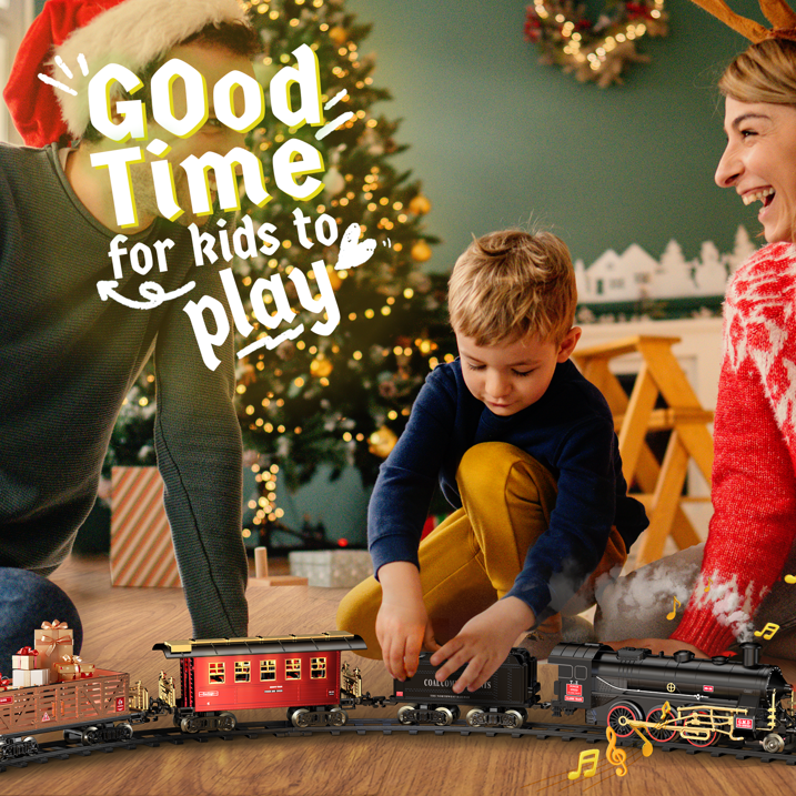 Electric Train Set Toy, Alloy Toddler Model Train Set with Smokes, Lights & Sound, Christmas Train Set with Steam Locomotive Engine, Educational Gift Toy Train for Boys Girls Age 2 3 4 5 6 Kids