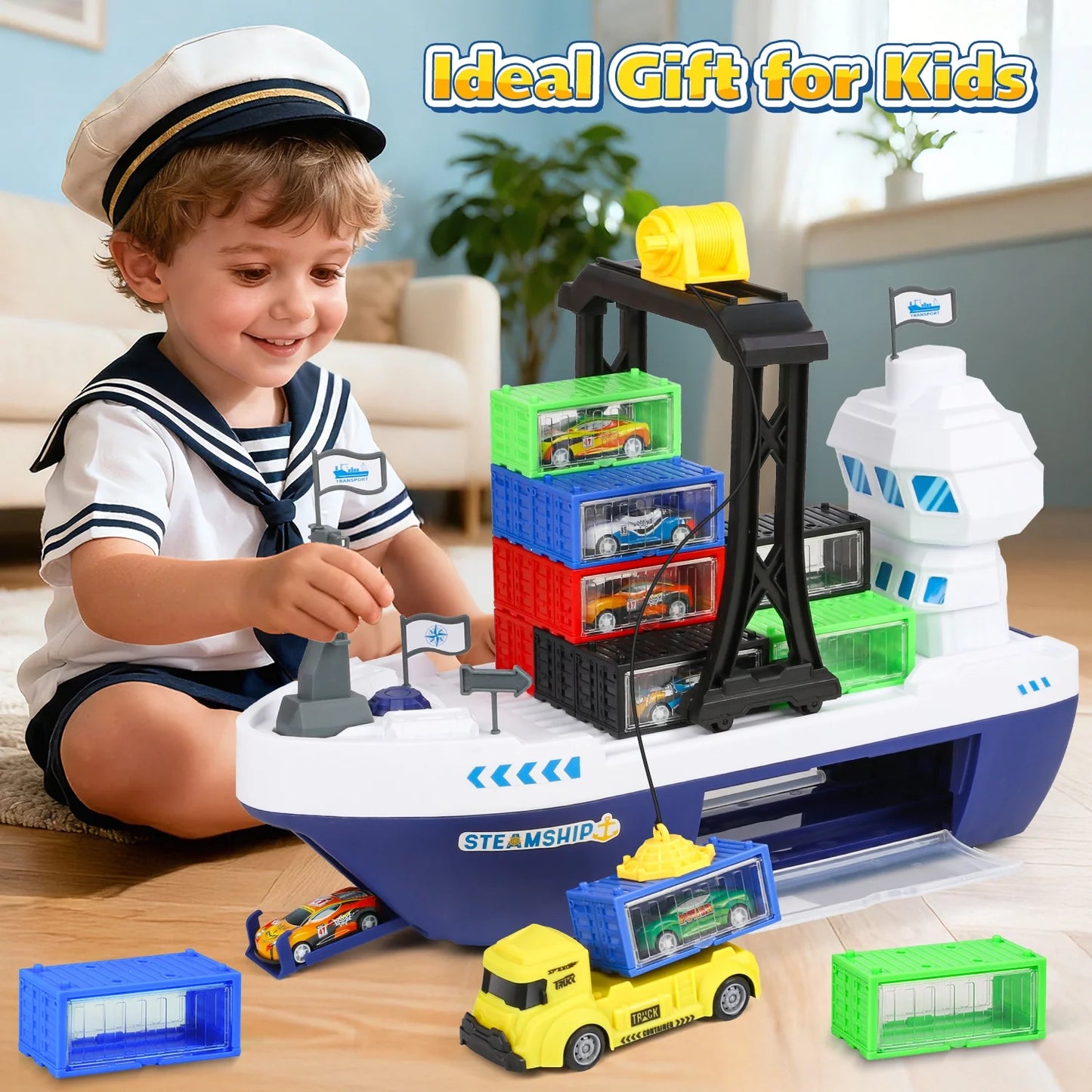 Cargo Ship Toy & Gantry Crane for kids, Toy Boat and Crane Playset with 6 Race Cars and 12 Containers, Transport Cruise Ship, Cargo Boat Toys Birthday Gift for 3 4 5 6 7 8 Year Old Boys Kids